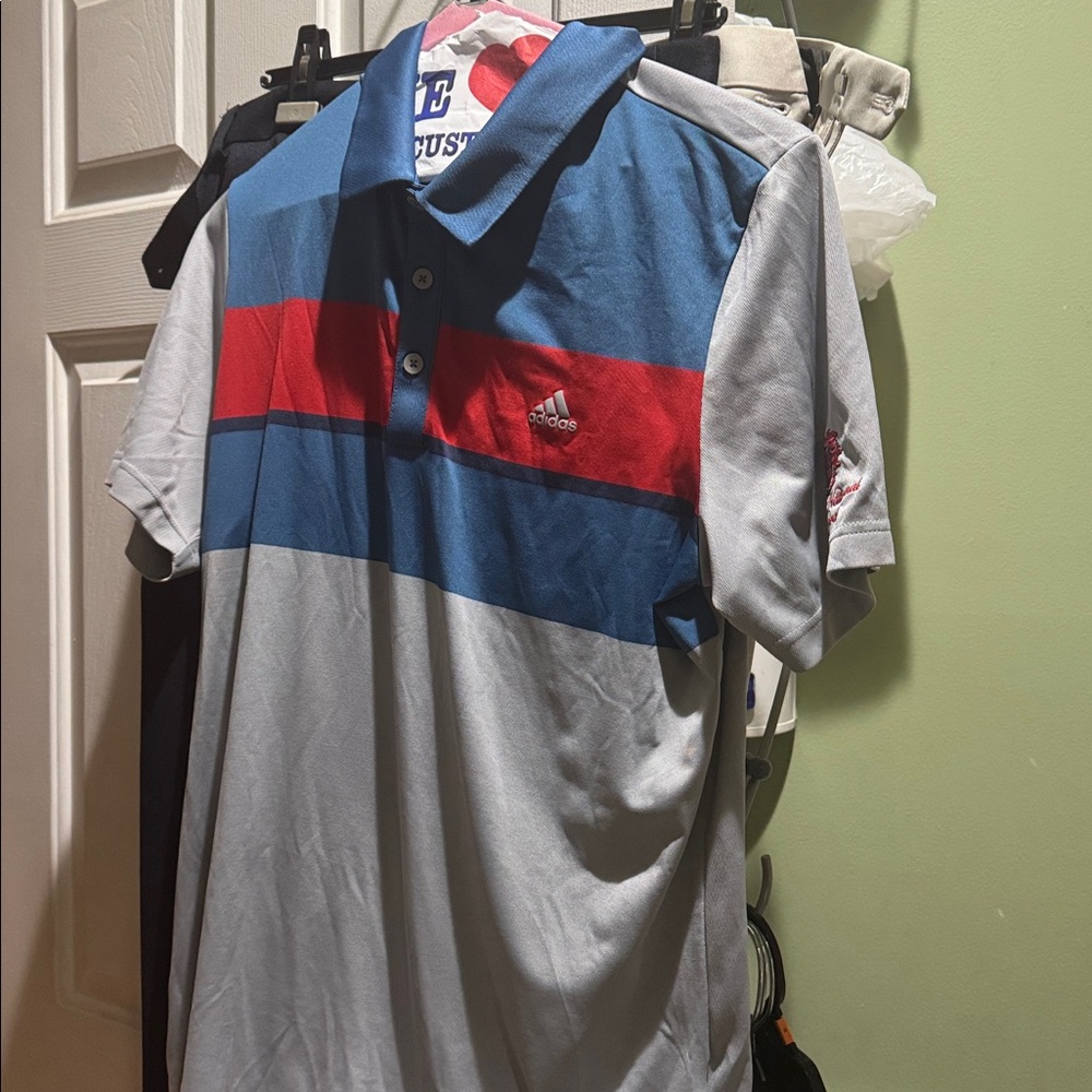 Trump doral logo Adidas Polo Shirt with Gray, Blue, and Red Accents trump